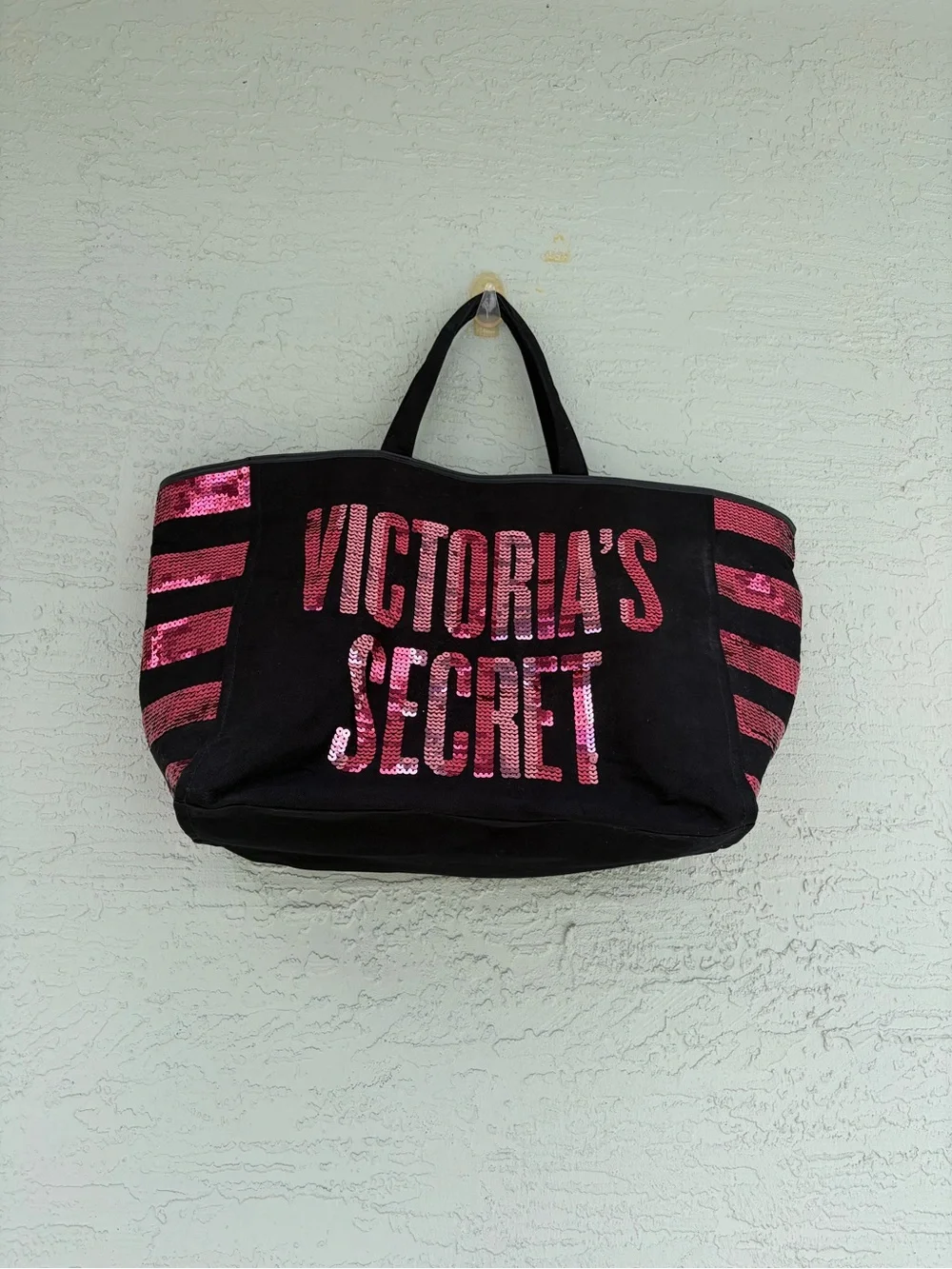 Victoria's Secret Black Tote with Pink Sequin Logo and Stripes